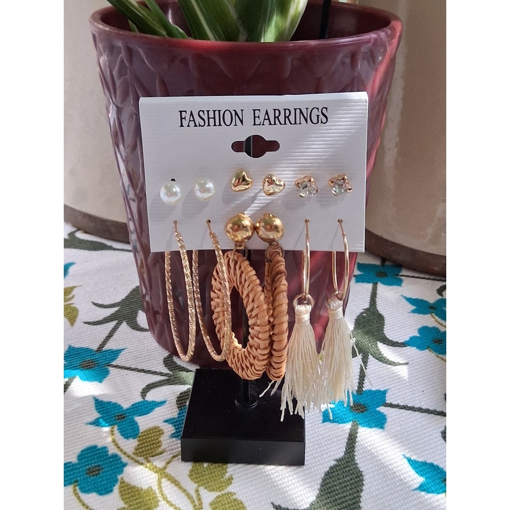 Rattan Tassel Hoop Dangle Stud Boho Heart Earrings Pair of 6